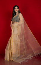 Designer Sitara Work Inch Border Resham Silk Saree in Beige and Golden
