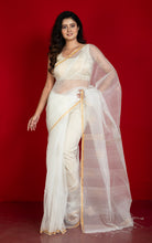 Designer Sitara Work Inch Border Resham Silk Saree in Off White and Golden