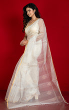 Designer Sitara Work Inch Border Resham Silk Saree in Off White and Golden