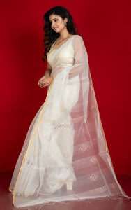 Designer Sitara Work Inch Border Resham Silk Saree in Off White and Golden