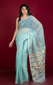 Premium Quality Woven Sholapuri Work Self Micro Checks Muslin Silk Saree in Ice Green, Mustard Golden and White