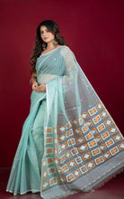 Premium Quality Woven Sholapuri Work Self Micro Checks Muslin Silk Saree in Ice Green, Mustard Golden and White