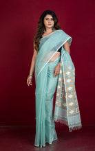 Premium Quality Woven Sholapuri Work Self Micro Checks Muslin Silk Saree in Ice Green, Mustard Golden and White