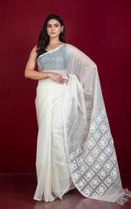 Premium Quality Woven Sholapuri Work Self Micro Checks Muslin Silk Saree in Off White and White