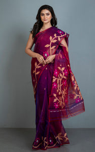 Handwoven Muslin Silk Jamdani Saree in Purple, Hot Pink, Beige and Off White Thread Work