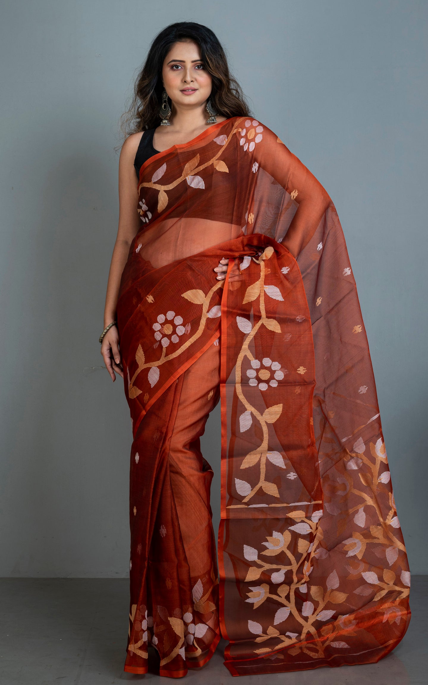 Handwoven Muslin Silk Jamdani Saree in Burnt Sienna, Beige  and Off White Thread Work