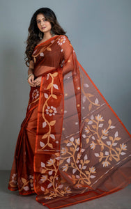 Handwoven Muslin Silk Jamdani Saree in Burnt Sienna, Beige  and Off White Thread Work