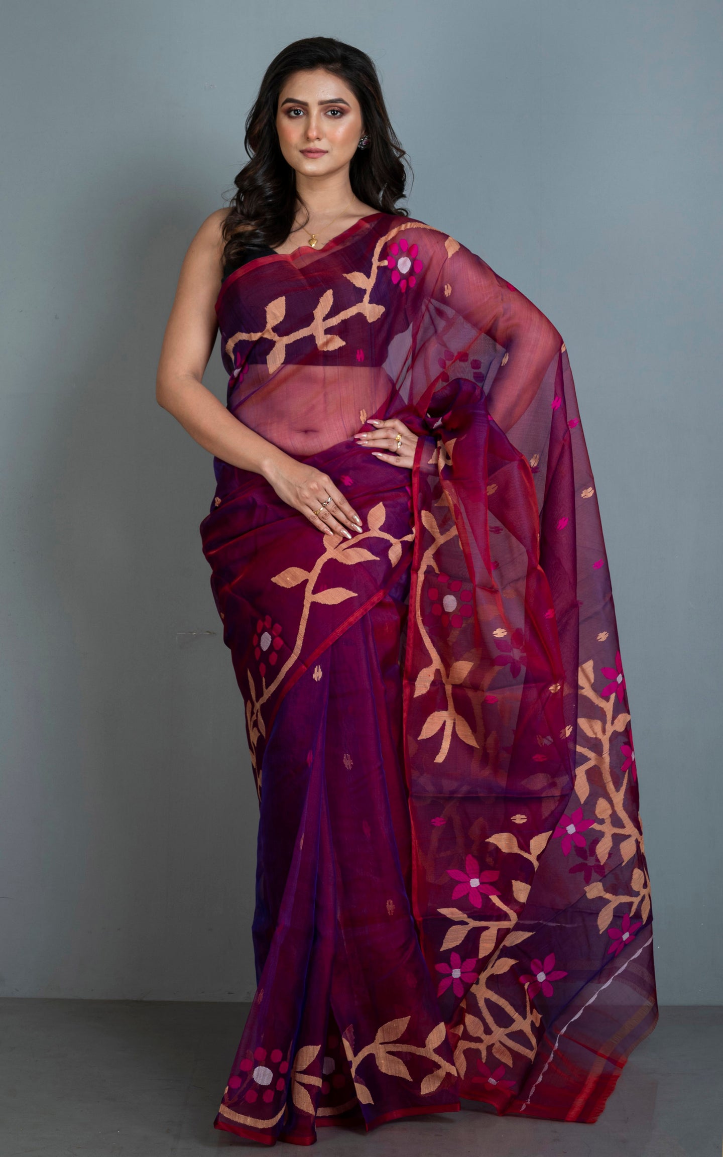 Handwoven Muslin Silk Jamdani Saree in Purple, Hot Pink, Beige and Off White Thread Work