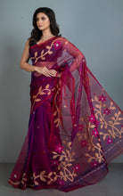 Handwoven Muslin Silk Jamdani Saree in Purple, Hot Pink, Beige and Off White Thread Work