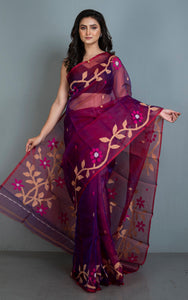 Handwoven Muslin Silk Jamdani Saree in Purple, Hot Pink, Beige and Off White Thread Work