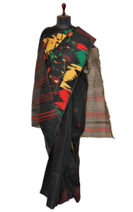 Hand Karat Work Muslin Jamdani Saree in Black and Multicolored Thread Nakshi Work
