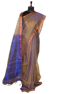 Sequin Inlaid Muslin Silk Saree with Raw Silk Pallu in Metallic Golden and Royal Blue