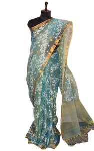 Traditional Sholapuri Work Muslin Jamdani Silk Saree in Aqua Green, Off White and Gold Zari Selvage