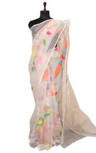 Peacock and Floral Motif Work Muslin Silk Jamdani Saree in Pearl White, Golden and Multicolored Thread Work