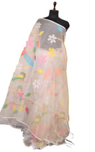 Peacock and Floral Motif Work Muslin Silk Jamdani Saree in Pearl White, Golden and Multicolored Thread Work
