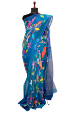 Peacock and Floral Motif Work Muslin Silk Jamdani Saree in Peacock Blue, Golden and Multicolored Thread Work