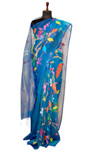 Peacock and Floral Motif Work Muslin Silk Jamdani Saree in Peacock Blue, Golden and Multicolored Thread Work