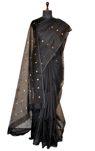 Designer Woven Antique Ginni Work Skirt Border Muslin Matka Silk Saree in Black and Antique Gold
