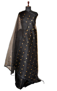 Designer Woven Antique Ginni Work Skirt Border Muslin Matka Silk Saree in Black and Antique Gold
