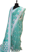 Blended Cotton Muslin Jamdani Saree in Sea Green and Off White