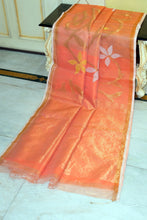 Traditional Soft Muslin Jamdani Saree in Pastel Orange, Indian Yellow, Off White and Gold