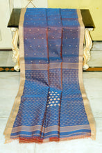 Handwoven Satin Silk Slim Border Sholapuri Soft Muslin Silk Jamdani Saree in Dual Tone of Kashmir Blue, Flame Pea with Beige