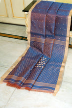 Handwoven Satin Silk Slim Border Sholapuri Soft Muslin Silk Jamdani Saree in Dual Tone of Kashmir Blue, Flame Pea with Beige
