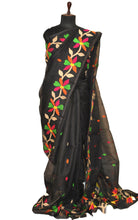 Premium Quality Muslin Silk Jamdani Saree in Black and Multicolored Thread Work