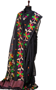 Premium Quality Muslin Silk Jamdani Saree in Black and Multicolored Thread Work