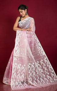 Premium Quality Traditional Karat Work Silk Jamdani Saree in Pastel Pink, Beige and White