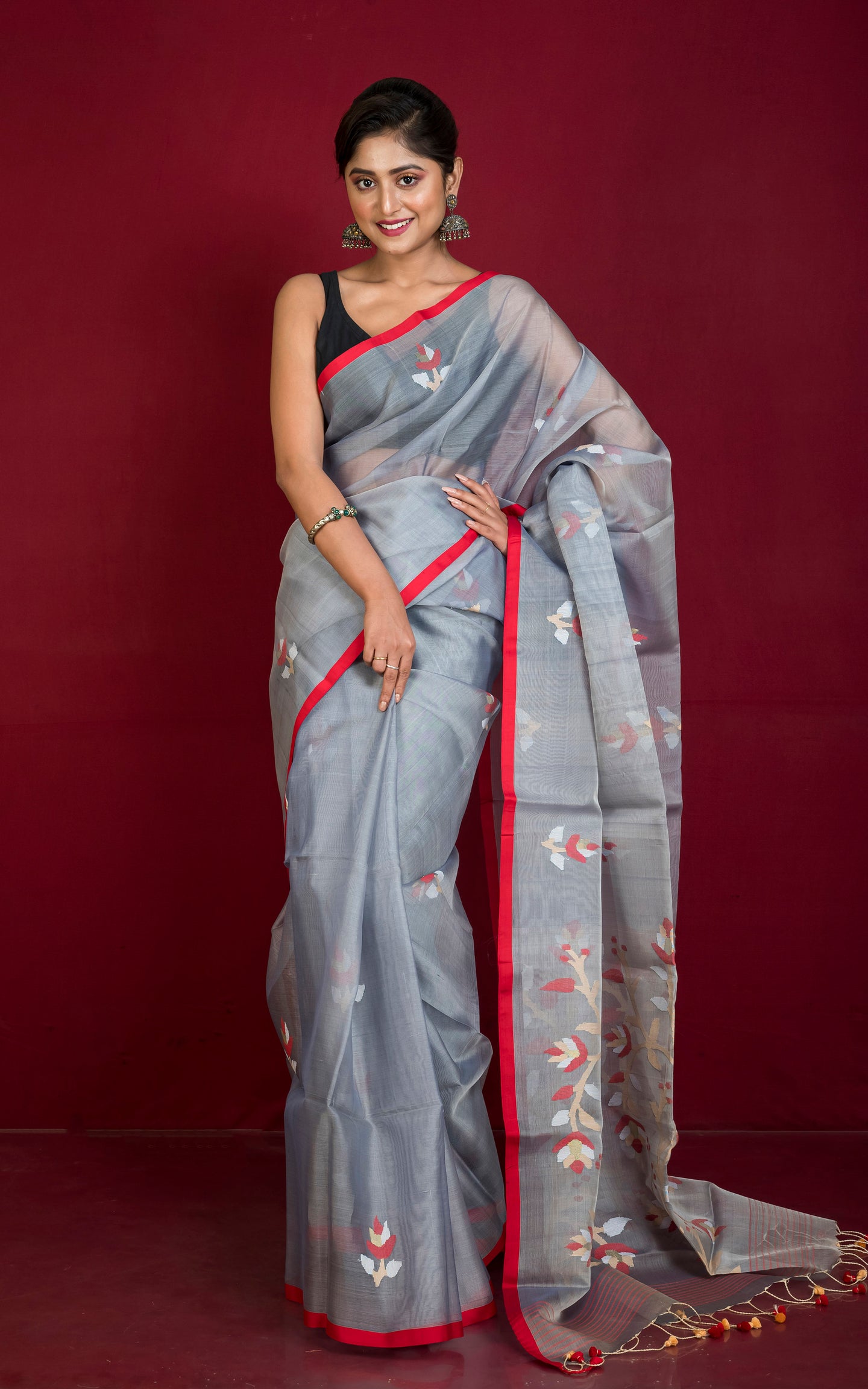 Premium Poth Muslin Silk Jamdani Saree in Steel Grey, Red and Multicolored Thread Work