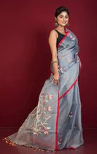 Premium Poth Muslin Silk Jamdani Saree in Steel Grey, Red and Multicolored Thread Work