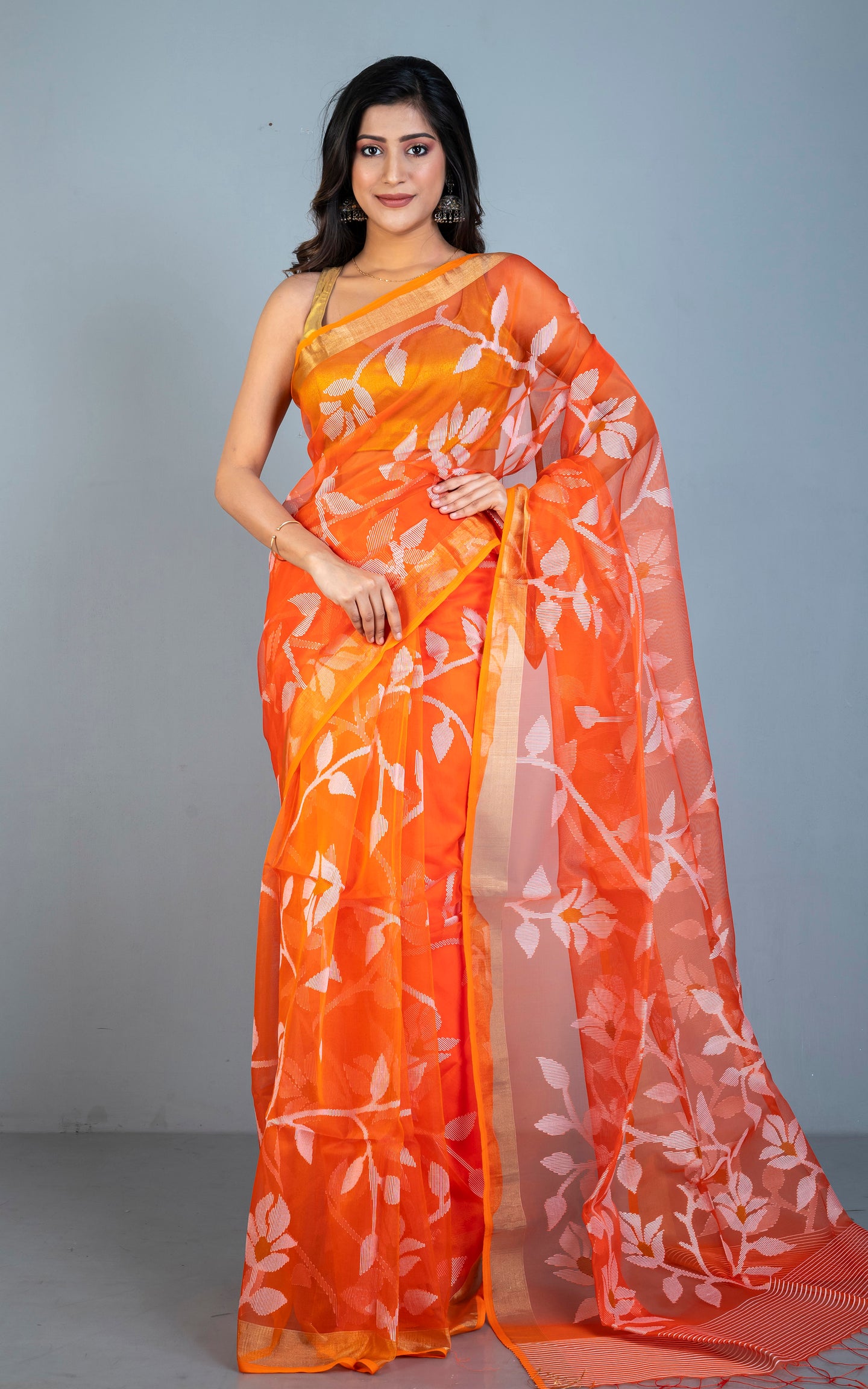 Premium Quality Muslin Silk Jamdani Saree in Orange with Off White Nakshi Thread Work