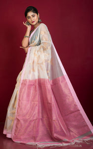Jangla Jaal Work Muslin Silk Jamdani Saree in Off White, Pastel Pink and Antique Gold