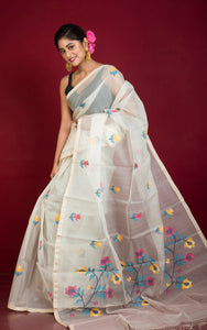 Premium Poth Muslin Silk Jamdani Saree in Pearl White, Ivory and Multicolored Thread Work