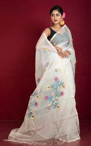 Premium Poth Muslin Silk Jamdani Saree in Pearl White, Ivory and Multicolored Thread Work