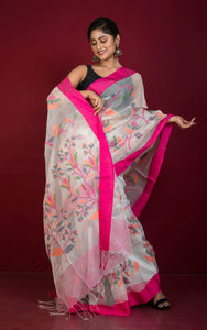 Poth Muslin Silk Jamdani Saree in Off White, Hot Pink and Multicolored Thread Work