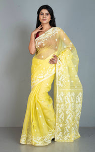 Premium Quality Traditional Karat Work Silk Jamdani Saree in Pastel Yellow and Off White