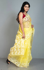 Premium Quality Traditional Karat Work Silk Jamdani Saree in Pastel Yellow and Off White