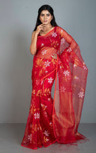 Premium Poth Muslin Silk Jamdani Saree with Jaal Floral Work in Red, Off White and Golden