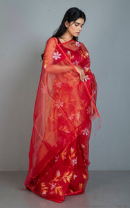 Premium Poth Muslin Silk Jamdani Saree with Jaal Floral Work in Red, Off White and Golden