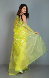 Premium Poth Muslin Silk Jamdani Saree with Jaal Floral Work in Lime Yellow, Green, Off White and Golden