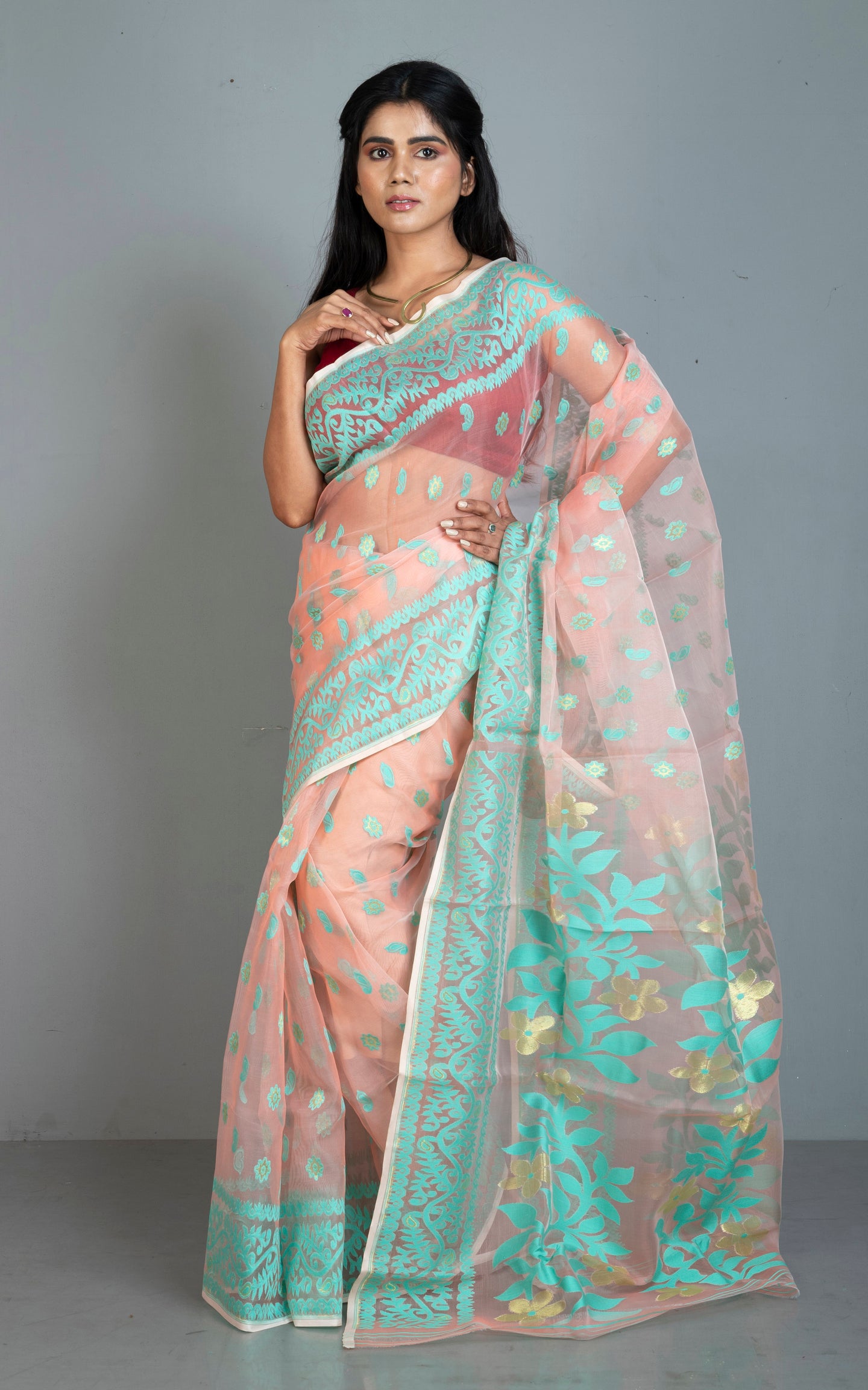 Soft Muslin Silk Jamdani Saree in Peach, Bright Aqua and Water Golden Zari Work