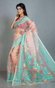 Soft Muslin Silk Jamdani Saree in Peach, Bright Aqua and Water Golden Zari Work