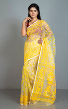 Soft Muslin Silk Jamdani Saree in Off White, Yellow and Water Golden Zari Work