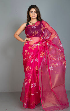 Premium Poth Muslin Silk Jamdani Saree with Jaal Floral Work in Hot Pink, Off White and Golden