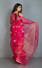 Premium Poth Muslin Silk Jamdani Saree with Jaal Floral Work in Hot Pink, Off White and Golden