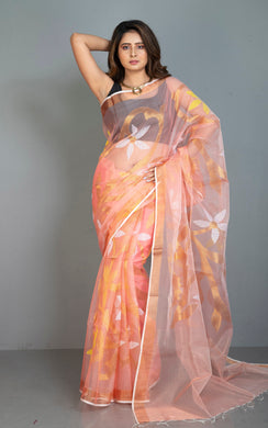 Traditional Soft Muslin Jamdani Saree in Peach, Yellow, Off White and Gold