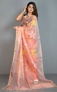 Traditional Soft Muslin Jamdani Saree in Peach, Yellow, Off White and Gold