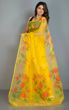 Naal Phool Woven Nakshi Work Muslin Silk Jamdani Saree in Bright Yellow, Red, Green and Gold Zari Work